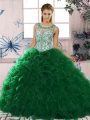 Trendy Dark Green Organza Lace Up 15th Birthday Dress Sleeveless Floor Length Beading and Ruffles