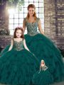 Peacock Green Quinceanera Gown Military Ball and Sweet 16 and Quinceanera with Beading and Ruffles Straps Sleeveless Lace Up