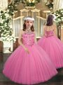 Hot Sale Rose Pink Lace Up Halter Top Beading Kids Formal Wear Tulle Sleeveless