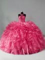 Hot Pink Halter Top Zipper Beading and Ruffles Quinceanera Dress Sleeveless