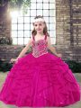 Fuchsia Lace Up Straps Beading Pageant Dress for Teens Tulle Sleeveless