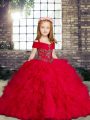 Floor Length Lace Up Girls Pageant Dresses Red for Party and Wedding Party with Beading and Ruffles