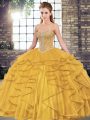 Comfortable Tulle Sweetheart Sleeveless Lace Up Beading and Ruffles Ball Gown Prom Dress in Gold