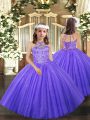 Customized Lavender Tulle Lace Up Halter Top Sleeveless Floor Length Little Girl Pageant Gowns Beading and Ruffles