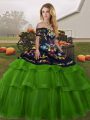 Green Tulle Lace Up Off The Shoulder Sleeveless 15th Birthday Dress Brush Train Embroidery and Ruffled Layers
