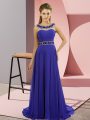 Suitable Blue Sleeveless Chiffon Brush Train Zipper Mother Of The Bride Dress for Prom and Party