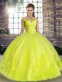 Yellow Green Sleeveless Floor Length Beading and Appliques Lace Up Quinceanera Dress