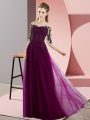 Great Fuchsia Chiffon Lace Up Dama Dress for Quinceanera Half Sleeves Floor Length Beading and Lace