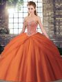 Great Orange Red Sweet 16 Quinceanera Dress Military Ball and Sweet 16 and Quinceanera with Beading and Pick Ups Sweetheart Sleeveless Brush Train Lace Up