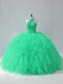 Discount Sleeveless Tulle Lace Up 15 Quinceanera Dress in Turquoise with Beading and Ruffles