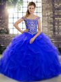 Royal Blue Sleeveless Brush Train Beading and Ruffles Sweet 16 Quinceanera Dress