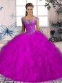 Beading and Ruffles Quinceanera Gown Fuchsia Lace Up Sleeveless Brush Train