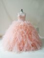 Lovely Peach Ball Gowns Tulle Scoop Sleeveless Beading and Ruffles Floor Length Lace Up 15 Quinceanera Dress