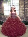 Burgundy Organza Lace Up Straps Sleeveless Floor Length Kids Pageant Dress Beading and Ruffles