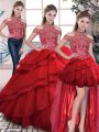 Elegant Sleeveless Organza Lace Up 15th Birthday Dress in Red with Beading and Ruffles