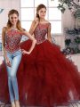 Superior Burgundy Sleeveless Beading and Ruffles Floor Length Sweet 16 Dress