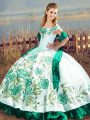 Green Satin and Organza Lace Up Off The Shoulder Sleeveless Floor Length Quince Ball Gowns Embroidery and Ruffles