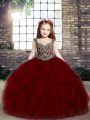 Best Red Tulle Lace Up Straps Sleeveless Floor Length Little Girls Pageant Gowns Beading and Ruffles