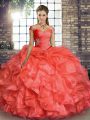 Organza Off The Shoulder Sleeveless Lace Up Beading and Ruffles Quinceanera Gown in Coral Red