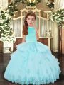 Enchanting Sleeveless Floor Length Beading and Appliques Backless Little Girls Pageant Gowns with Aqua Blue