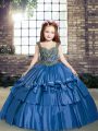 Simple Blue Ball Gowns Beading Pageant Dress for Girls Lace Up Taffeta Sleeveless Floor Length