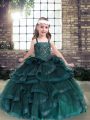 Eye-catching Sleeveless Tulle Floor Length Lace Up Little Girls Pageant Gowns in Peacock Green with Beading and Ruffles