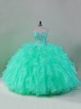 Sleeveless Organza Floor Length Lace Up Sweet 16 Dress in Turquoise with Beading and Ruffles