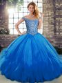 Blue Lace Up Off The Shoulder Beading and Ruffles Quinceanera Dress Tulle Sleeveless