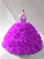 Halter Top Sleeveless Quinceanera Gowns Floor Length Beading Purple Organza