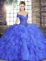 Low Price Floor Length Lace Up Sweet 16 Quinceanera Dress Blue for Military Ball and Sweet 16 and Quinceanera with Beading and Ruffles