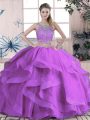 High End Scoop Sleeveless 15th Birthday Dress Floor Length Beading and Lace and Ruffles Purple Tulle