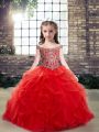 Sleeveless Floor Length Beading and Ruffles Lace Up Kids Pageant Dress with Red