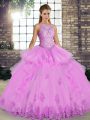 Fabulous Scoop Sleeveless 15th Birthday Dress Floor Length Lace and Embroidery and Ruffles Lilac Tulle