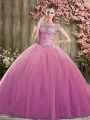 Trendy Lilac Ball Gowns Beading 15 Quinceanera Dress Lace Up Tulle Sleeveless Floor Length
