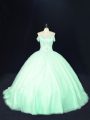 Cute Apple Green Off The Shoulder Lace Up Beading 15 Quinceanera Dress Court Train Sleeveless