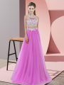 Artistic Lilac Tulle Zipper Halter Top Sleeveless Floor Length Quinceanera Court of Honor Dress Lace