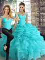 Ideal Sleeveless Floor Length Beading and Ruffles and Pick Ups Lace Up Quince Ball Gowns with Aqua Blue