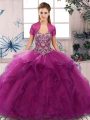 Customized Fuchsia Sleeveless Floor Length Beading and Ruffles Lace Up Sweet 16 Quinceanera Dress