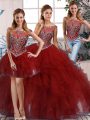 Latest Burgundy Three Pieces Beading and Ruffles Vestidos de Quinceanera Zipper Organza Sleeveless Floor Length