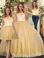 Attractive Gold Three Pieces Scoop Sleeveless Tulle Floor Length Clasp Handle Lace and Appliques Sweet 16 Quinceanera Dress
