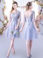 Lovely Grey Tulle Lace Up High-neck Half Sleeves Mini Length Bridesmaid Dresses Lace