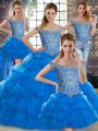 Popular Off The Shoulder Sleeveless Brush Train Lace Up Quinceanera Dress Blue Tulle