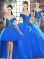 Noble Royal Blue Off The Shoulder Lace Up Beading 15 Quinceanera Dress Brush Train Sleeveless