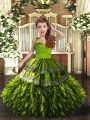Ruffles Kids Pageant Dress Olive Green Lace Up Sleeveless Floor Length