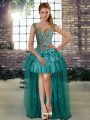 Clearance Teal A-line Beading Prom Dresses Lace Up Sleeveless High Low