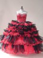 Best Red And Black Sweetheart Neckline Beading and Ruffled Layers Ball Gown Prom Dress Sleeveless Lace Up