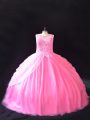 Rose Pink Ball Gowns Tulle Scoop Sleeveless Beading Lace Up Ball Gown Prom Dress Court Train