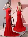 Red Backless High-neck Beading Prom Gown Elastic Woven Satin Short Sleeves Brush Train