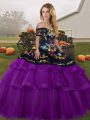 Traditional Off The Shoulder Sleeveless Brush Train Lace Up 15 Quinceanera Dress Black And Purple Tulle