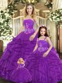 Discount Purple Lace Up Strapless Beading and Ruffles Quinceanera Dress Tulle Sleeveless